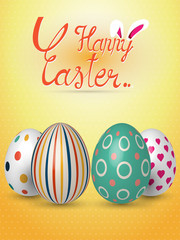 Collection of realistic 3D Easter eggs with different texture, pattern on retro pastel background