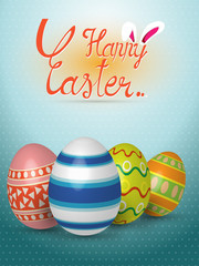 Collection of realistic 3D Easter eggs with different texture, pattern on retro pastel background