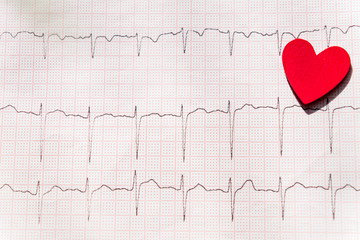 close up of an electrocardiogram in paper form vith red wooden heart. ECG or EKG paper background. ...