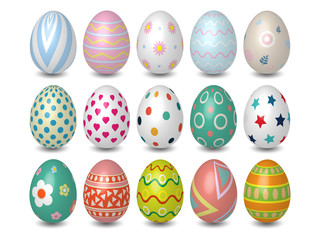 Realistic 3D Colored Easter eggs different texture, pattern on White background