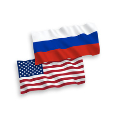 Vector Russian and American waving flags isolated on white background. 1 to 2 proportion.