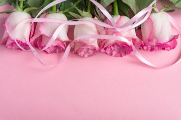 Five pink Roses on pink background with ribbon. copy space - Valentines , 8 March, Mother, Women's Day concept