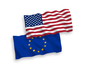 Obraz premium European Union and American flags isolated on white background. Vector illustration of the EU und USA flags waving 1 to 2 proportion.