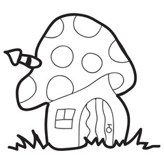 Cartoon doodle illustration of cute mushroom house for coloring book, t-shirt print design, greeting card