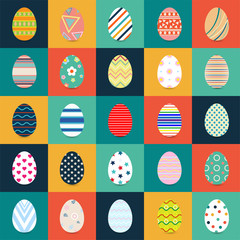 Collection of Easter eggs Flat Design with different texture, pattern on retro pastel background