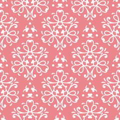 Abstract seamless pattern. Simple white ornament on pink background