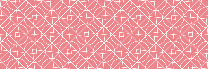 White seamless geometric pattern on pink long background. Mixed geometric shapes