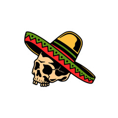 SKULL AND SOMBRERO COLOR WHITE BACKGROUND