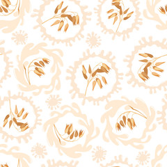 Seamless pattern with oat and splashes of milk.