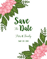 Vector illustration wedding invitation card with blooming pink flower frames