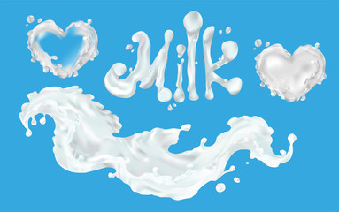 Milk splash realistic 3D illustration, heart love. Clipart for design food packaging. Natural, dairy product, farm, useful. Kefir, yoghurt, dessert.