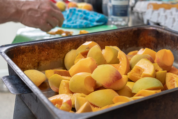 cutting and preparation of home grown crop of peaches