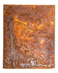 square sheet of iron covered with rust. on a white background