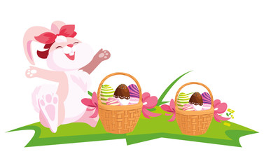 cute rabbit easter female with eggs painted in basket