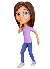 Character cartoon girl does not break the silence on white background. 3d rendering. Illustration for advertising.
