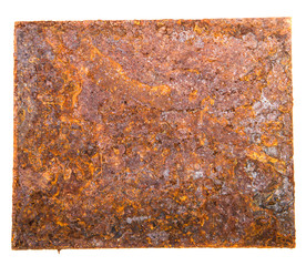square sheet of iron covered with rust. on a white background