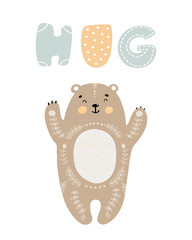 MobileHug - Cute hand drawn nursery poster with cartoon character animal bear and lettering. In scandinavian style. Color vector illustration. - 256784142