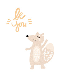 Be you- Cute hand drawn nursery poster with cartoon character animal bear and lettering. In scandinavian style. Color vector illustration - 256784178