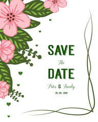 Vector illustration pink flower frame isolated white background with wedding invitation design cards