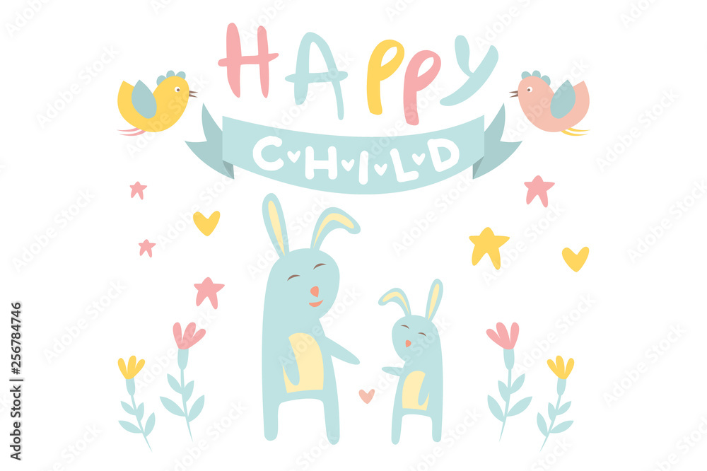 Poster Funny little bunny with mother, blue ribbon, birds and flowers. Happy rabbit with child. Cartoon flat vector design for greeting card or children s book