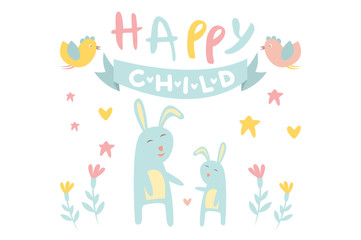 Funny little bunny with mother, blue ribbon, birds and flowers. Happy rabbit with child. Cartoon flat vector design for greeting card or children s book