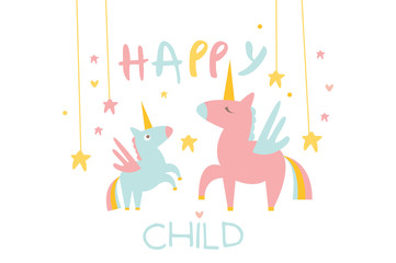 Little lovely unicorn and his mom surrounded by stars. Happy child. Fairy tale creatures with one horn, wings and rainbow tail. Cartoon animals. Flat vector design