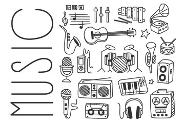 Hand drawn vector design of various musical instruments, microphones, radio receiver, player, tape recorder, speaker, play buttons and music notes. Set of sketch icons