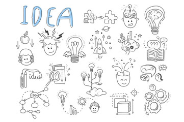 Idea icons set. Rocket, puzzles, rotating gears, open book, pens, human head, magnifying glass, calculations, lamp with wings and brains. Hand drawn vector illustration