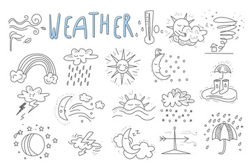 Vector set of hand drawn icons for mobile weather forecast application. Wind, snow, rainbow, rain, thunderstorm, downpour, hurricane, sun, crescent, clouds. Meteorologic theme