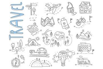 Doodle set of travel and camping icons. Signpost, air balloon, bike, forest, road, camera, car, map, baggage, camping, hills, tent, trolleybus, train. Vector design