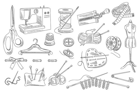 Vector set of hand drawn sewing and knitting icons. Mannequin, buttons, threads, sewing machine, scissors, pins, ribbon, pillow with needles, hanger, bobbin, centimeter, zipper