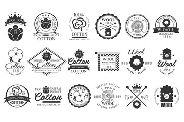 Set of vintage cotton and wool emblems with hand lettering. Natural product. Stylish monochrome labels. Cloth materials. Premium quality. Vector logo design