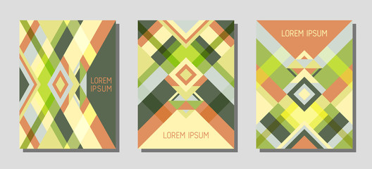 Cover page layout vector template geometric design with triangles and stripes pattern in brown, blue, green.