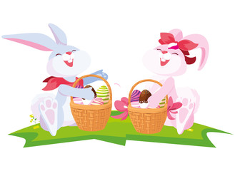 cute rabbits couple with eggs painted in basket