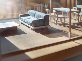 Sofa and wooden table set in living room balsa wood model