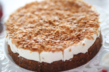 Delicious wedding cake on table