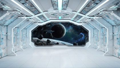 White blue spaceship futuristic interior with window view on space and planets 3d rendering © sdecoret