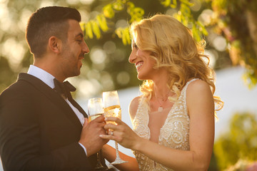 Newlyweds drinking champagne on sunset
