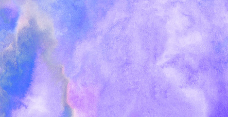 Vintage ink effect violet gradient water color artistic brush paint splash background. Grungy purple abstract soft watercolor painted illustration with paper grain texture for retro aquarelle design