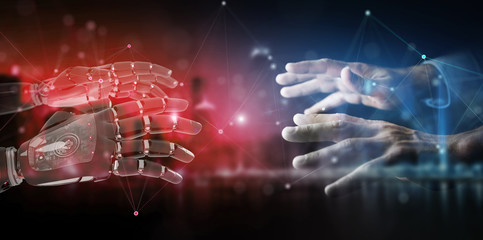 Red robot hand making contact with human hand 3D rendering