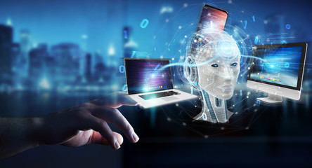 Businessman using white humanoid controlling modern devices 3D rendering