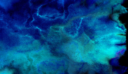 Light blue neon watercolor on deep dark background. Paper textured ink canvas for modern creative design. Aquarelle lightning night sky and thunder storm, smoke texture water color paint illustration