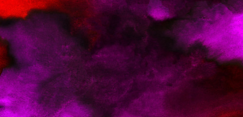 Neon dark grungy abstract paper textured aquarelle canvas for modern creative design. Bright light pink ink watercolor on black background. Cosmic magenta paper texture water color paint illustration