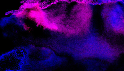 Obraz na płótnie Canvas Bright cosmic creative neon pink, purple and blue watercolor on black paper background. Abstract grungy texture water color illustration. Vintage textured aquarelle canvas for modern design