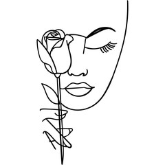 woman face with rose flower. Continuous line drawing. Vector illustration.