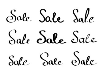 Handwritten sale lettering set on white background.
