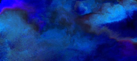 Light blue neon watercolor on deep dark background. Paper textured ink canvas for modern creative design. Aquarelle lightning night sky and thunder storm, smoke texture water color paint illustration