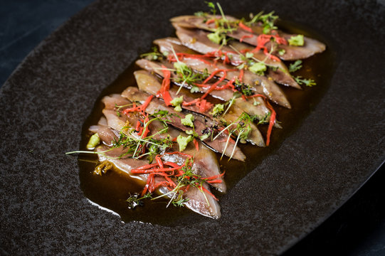 Sashimi Tuna, Carpaccio, Black Background, Top View