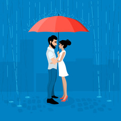 Romantic couple with umbrella. Rainy day in the city.