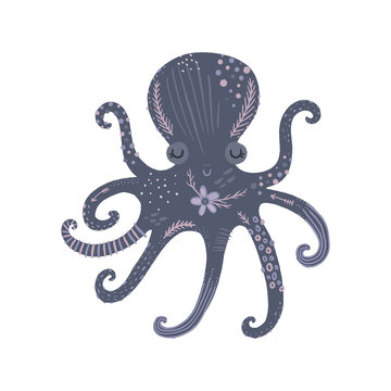 Nursery poster with cute animal, kids wall art with octopus and flower. Sea inhabitants. Children print